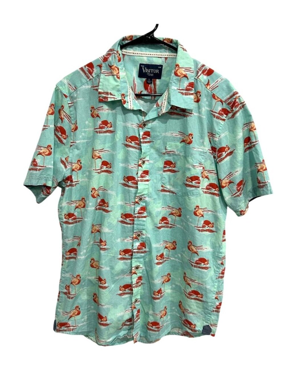 Visitor Large Mens Flamingo Print Short Sleeve Button Up Shirt Green Boho Chic